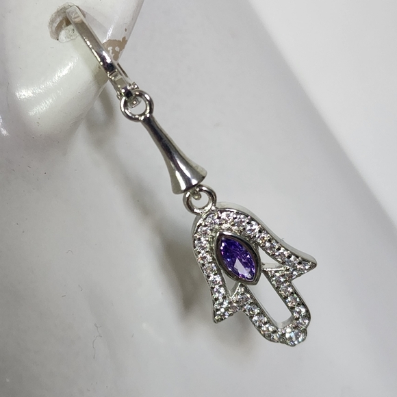 Silver Steel with Purple / Clear Zirconia Hamsa Hand Huggie Hoop Earrings - Picture 4 of 7